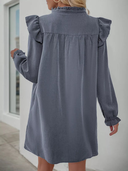 Ruffled Notched Long Sleeve Dress