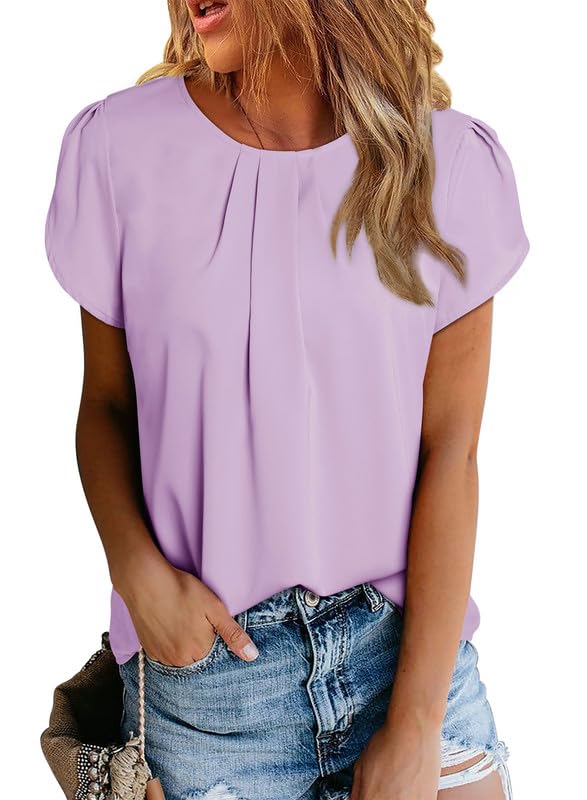 Polyester Blouses - Women's Chiffon Blouse Short Sleeve Pleated Top with Keyhole Back Detail