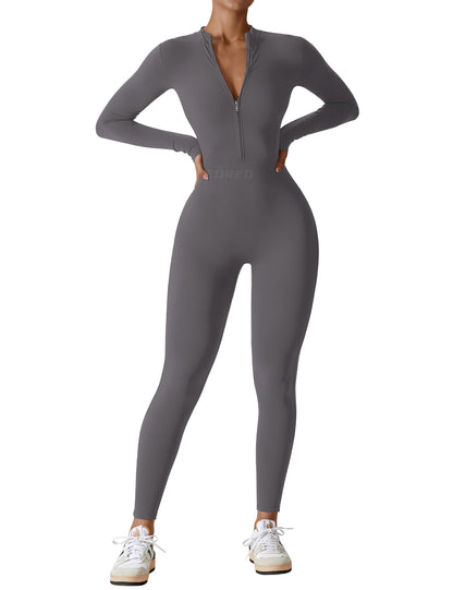 Women's Long Sleeve Workout Jumpsuit - Zip Up Bodycon Romper One Piece Grey