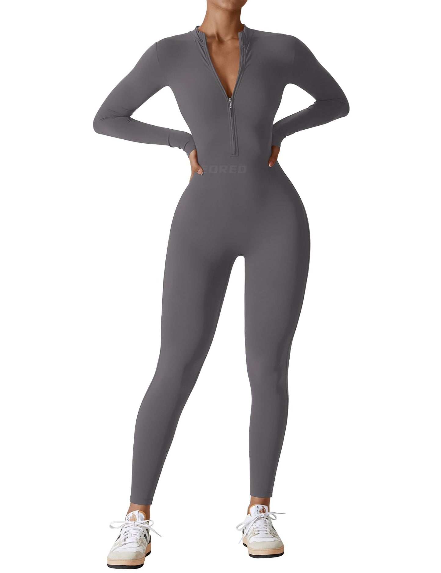Women's Long Sleeve Workout Jumpsuit - Zip Up Bodycon Romper One Piece Grey