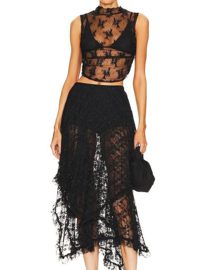 Asymmetrical Lace Midi Skirt Black