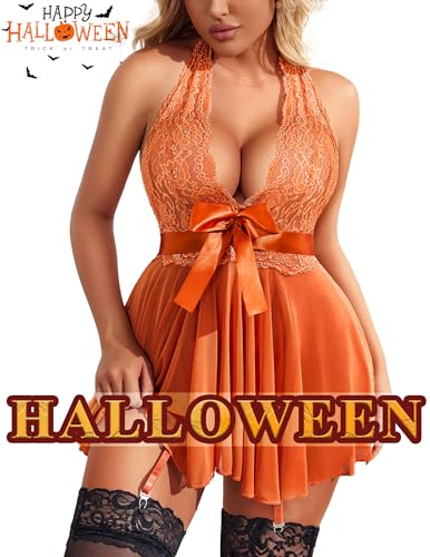 Christmas Costume - Avidlove Lingerie for Women Lace Babydoll Chemise Halter V Sexy Sleepwear with Garter Belt Orange