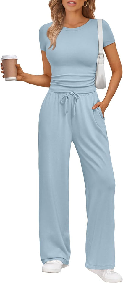 Women's 2 Piece Matching Sweatsuit Wide Leg Pants Crop Top Set Light Blue