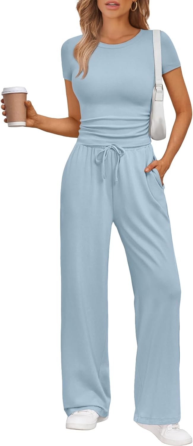 Women's 2 Piece Matching Sweatsuit Wide Leg Pants Crop Top Set