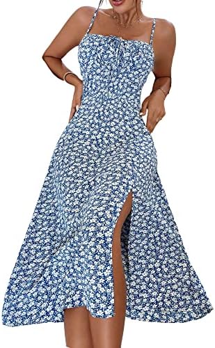 Sundresses - Floerns Women's Summer Split Thigh Spaghetti Strap Cami Midi Floral Dress Blue White Floral