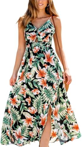 Sundresses - CUPSHE Women's Maxi Dress Floral Print Twisted V Neck Sleeveless Long Dress Summer Casual Dress Green Tropical X-Large