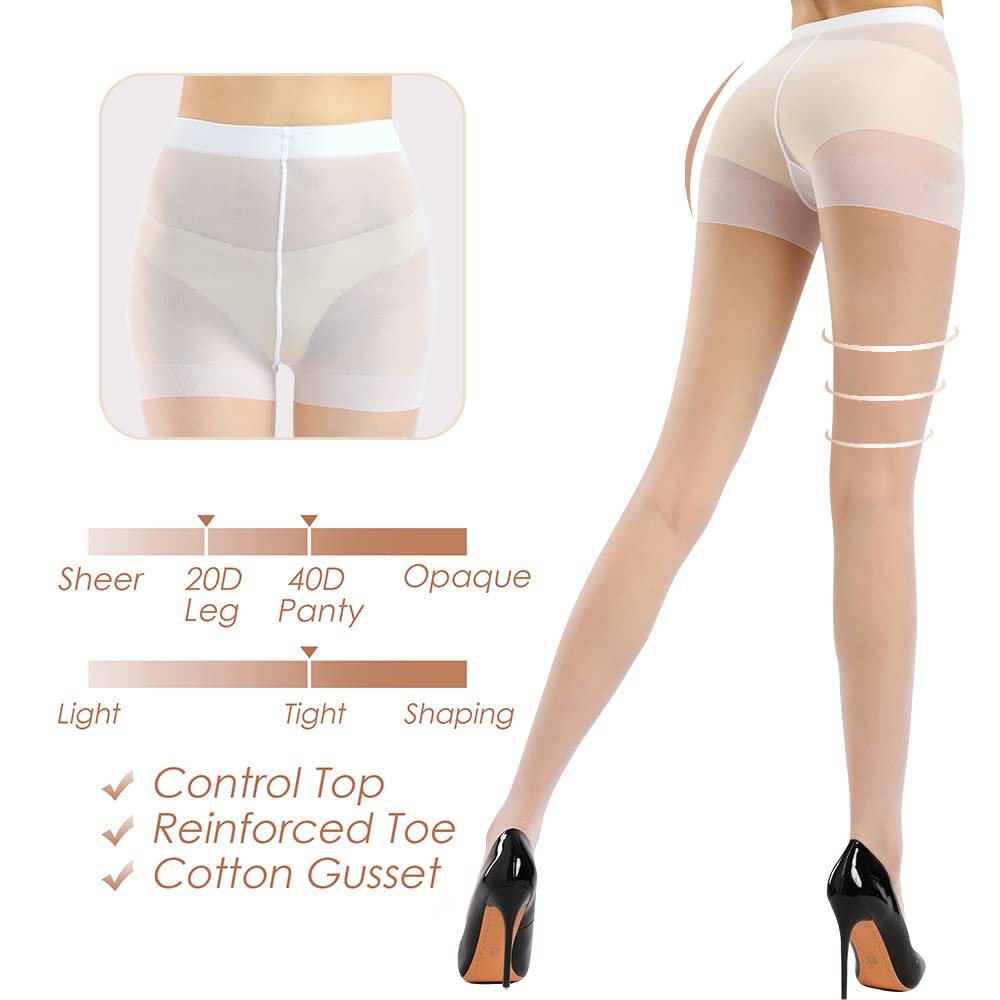 Women's 20D Sheer Control Top Pantyhose - 3 Pack Ultra Thin Tights with Reinforced Toes