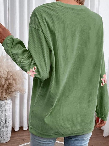 Christmas Sequin Candy Cane Patched Corded Ribbed Baggy Sweatshirt