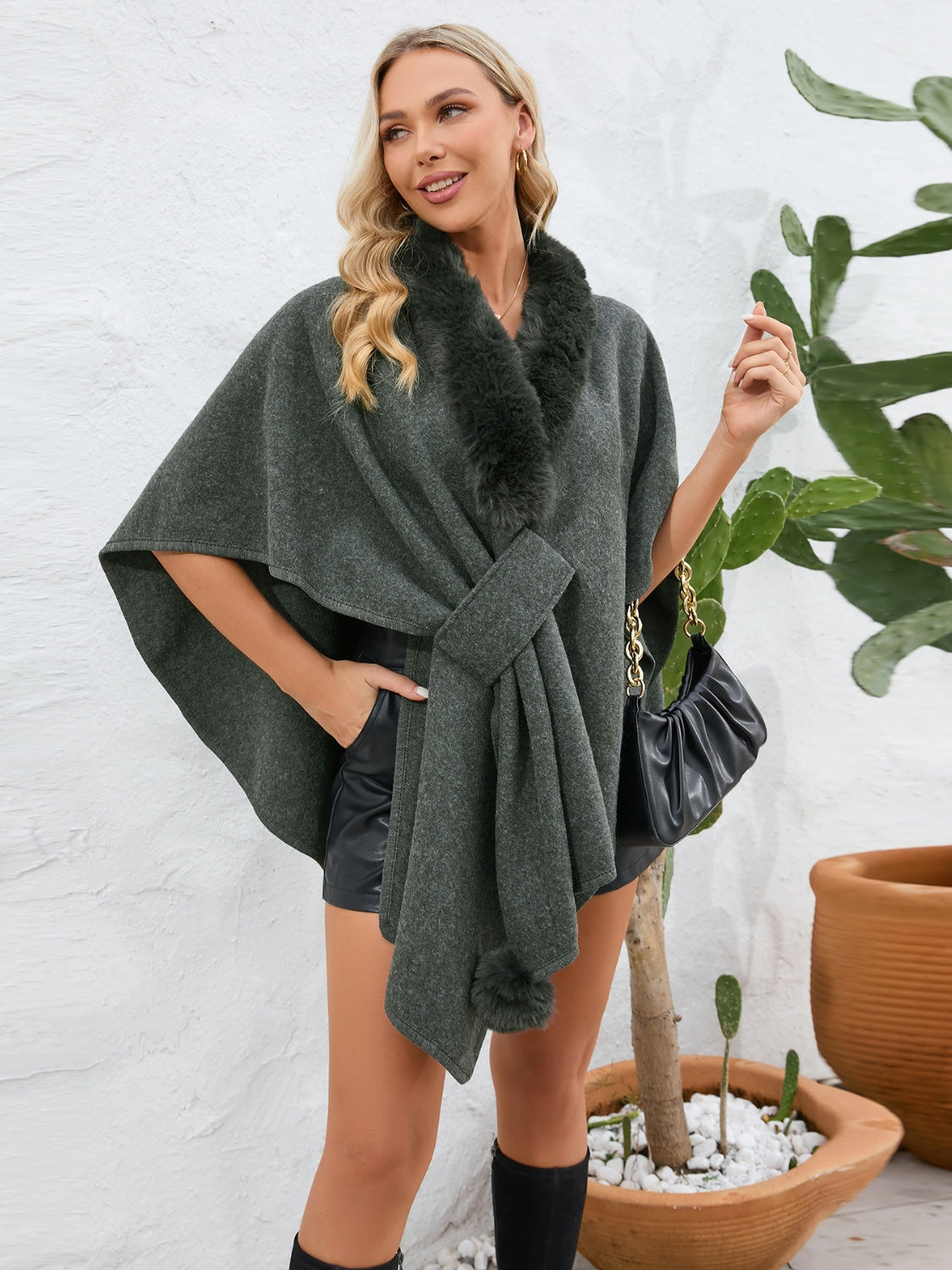 Fuzzy Trim Open Front Poncho Black One Size