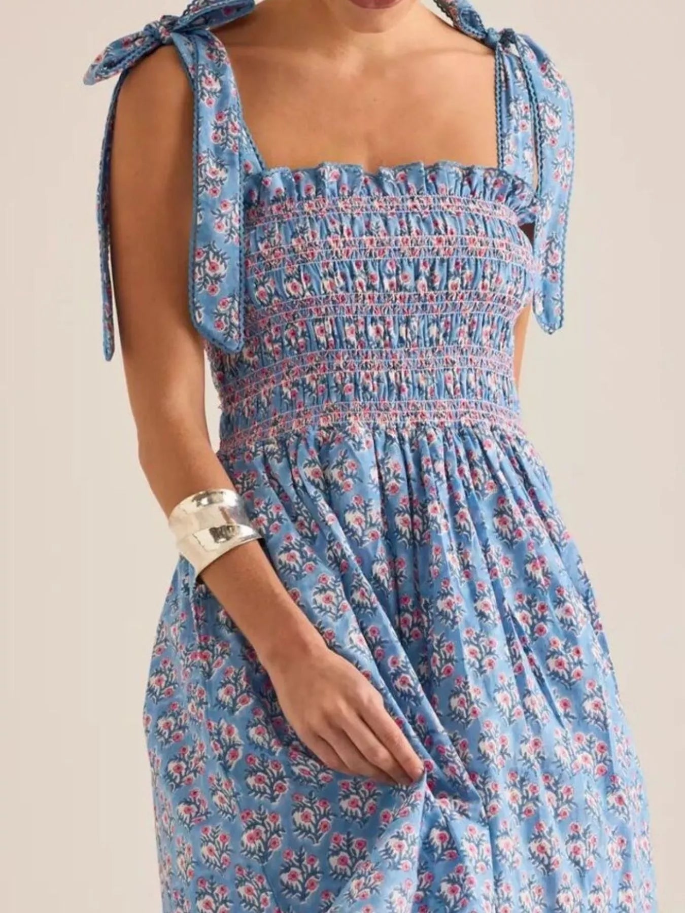Floral Smocked Tie-Shoulder Midi Dress