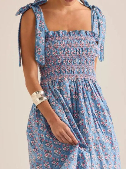 Floral Smocked Tie-Shoulder Midi Dress