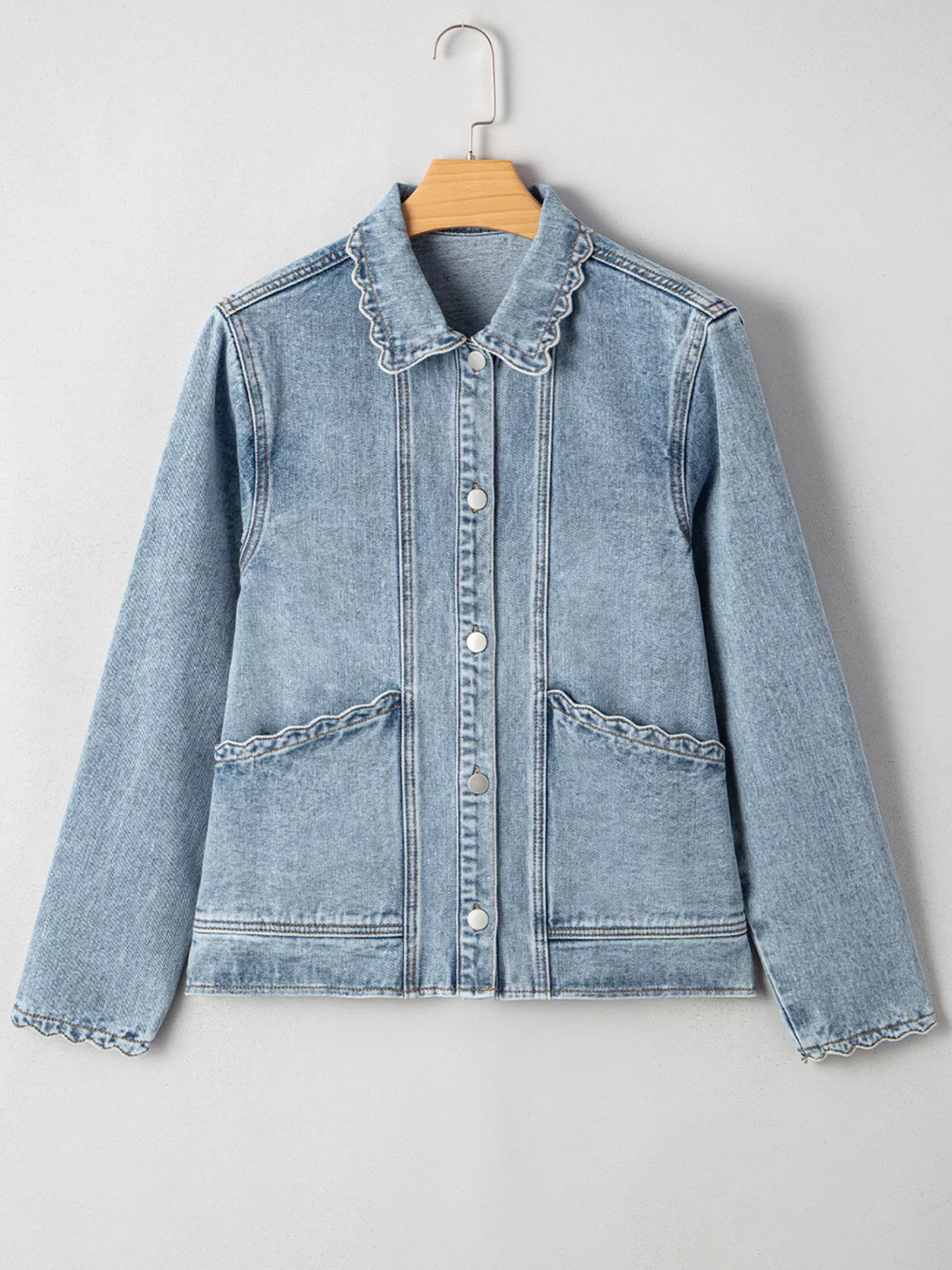Scallop Trim Collar Patched Pocket Button Up Denim Jacket