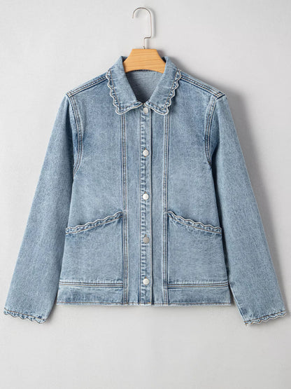 Scallop Trim Collar Patched Pocket Button Up Denim Jacket