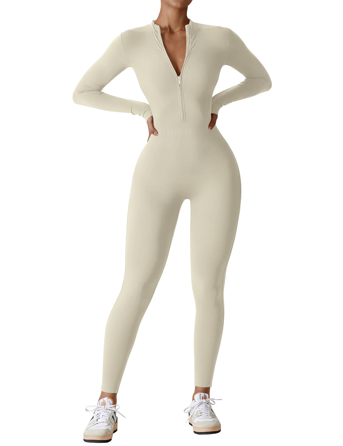 Women's Long Sleeve Workout Jumpsuit - Zip Up Bodycon Romper One Piece