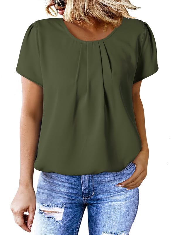 Polyester Blouses - Women's Chiffon Blouse Short Sleeve Pleated Top with Keyhole Back Detail
