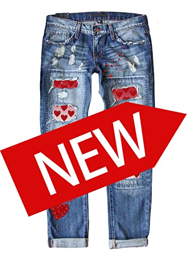 American Flag Pants - Astylish Womens Plaid Patch Ripped Boyfriend Distressed Stretch Skinny Denim Jeans with Hole F12 Heart