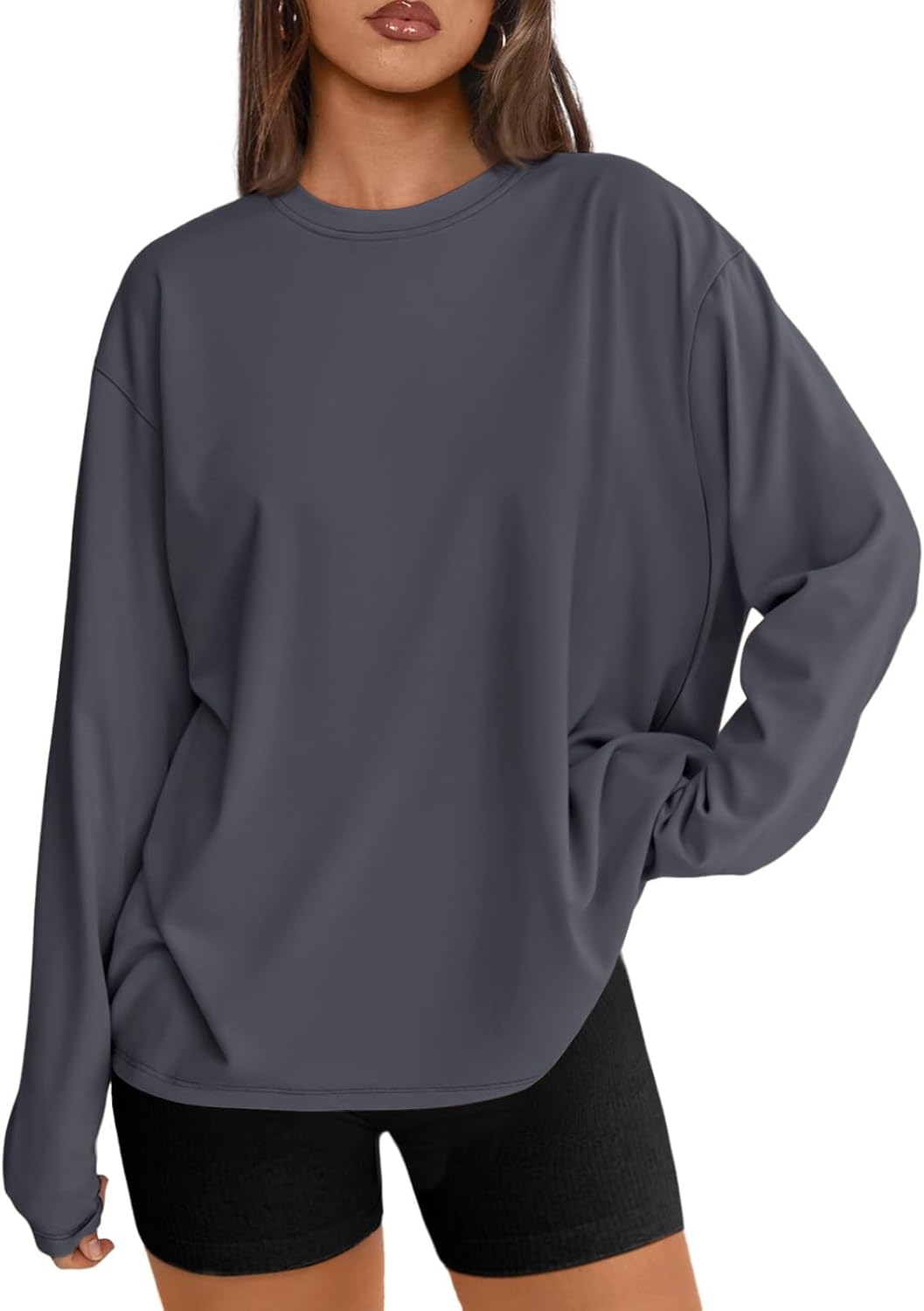 Women's Oversized Long Sleeve T-Shirt Casual Crewneck Basic Tee Deepgrey