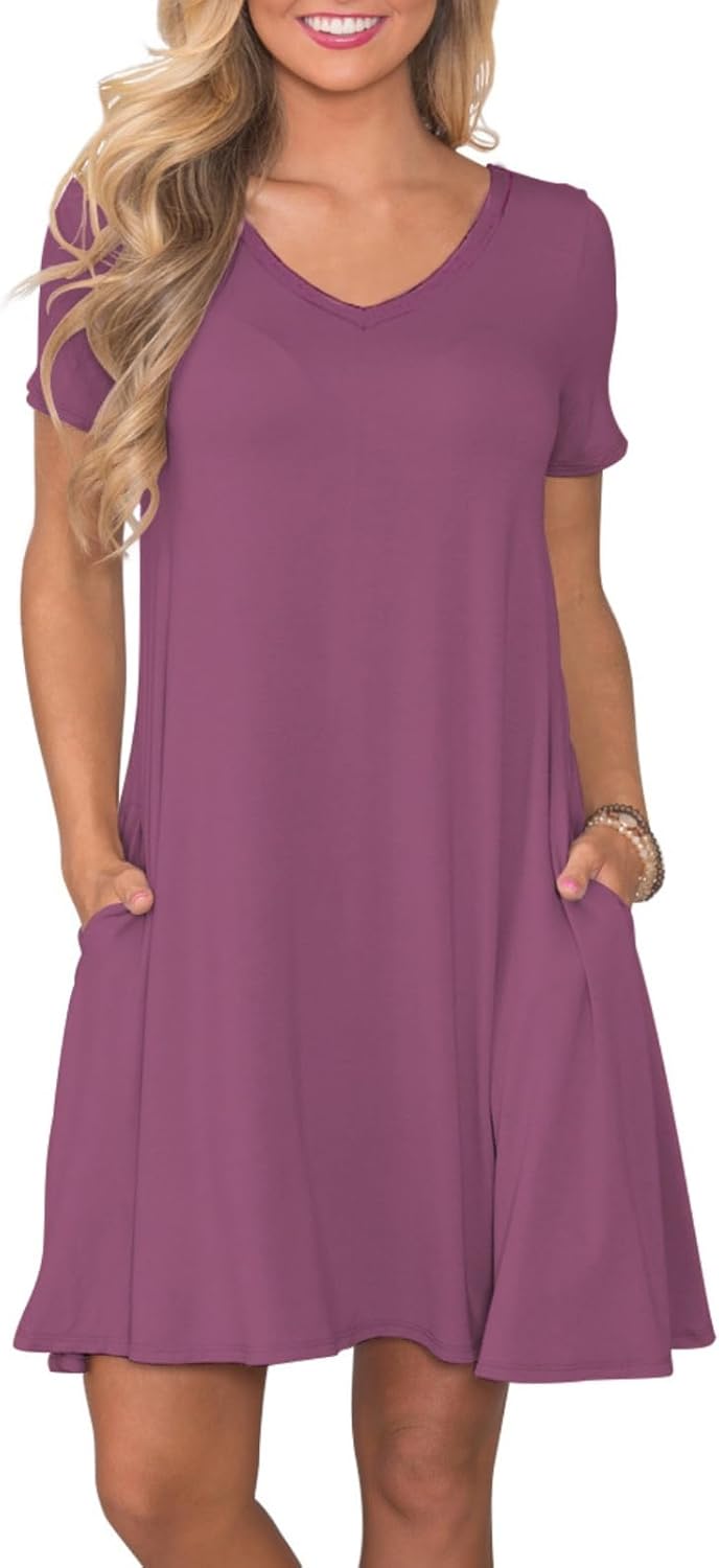 Women's Casual T-Shirt Dress Short Sleeve Summer Swing Dress with Pockets Mauve-1