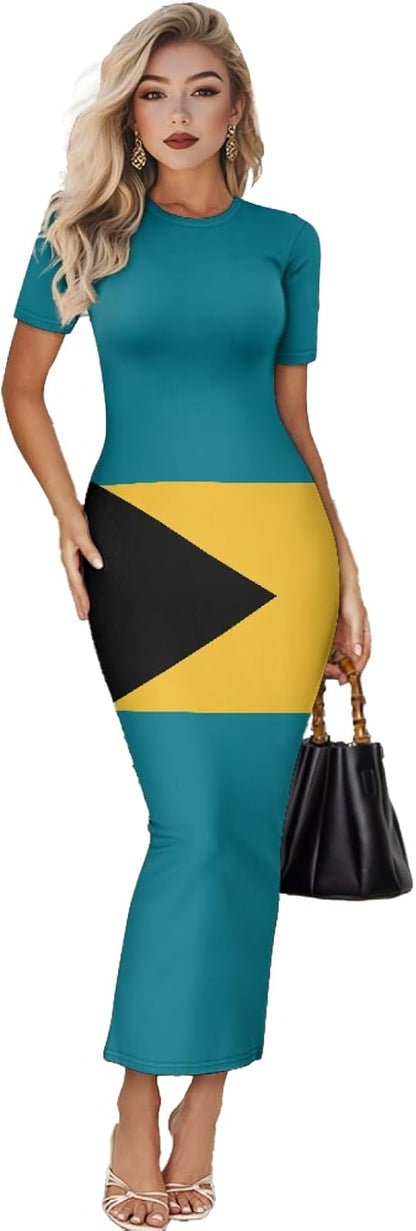 Women's Jamaican Flag Bodycon Midi Dress Short Sleeve