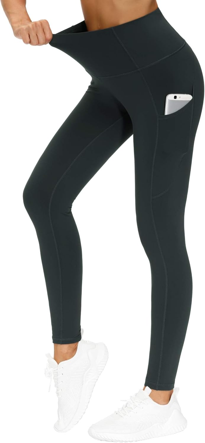 Women's High Waisted Yoga Leggings with Pockets - Thick Tummy Control Workout Pants Charcoal Grey