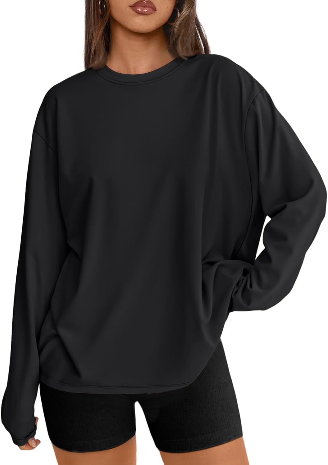 Women's Oversized Long Sleeve T-Shirt Casual Crewneck Basic Tee Black