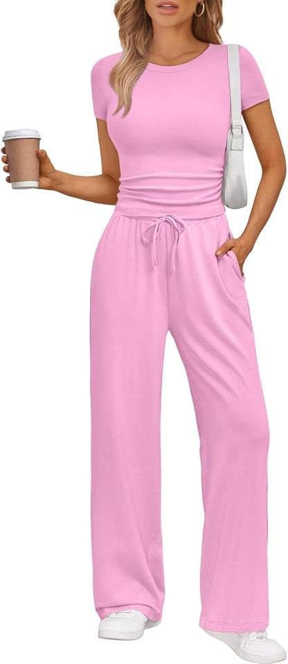 Women's 2 Piece Matching Sweatsuit Wide Leg Pants Crop Top Set Light Pink