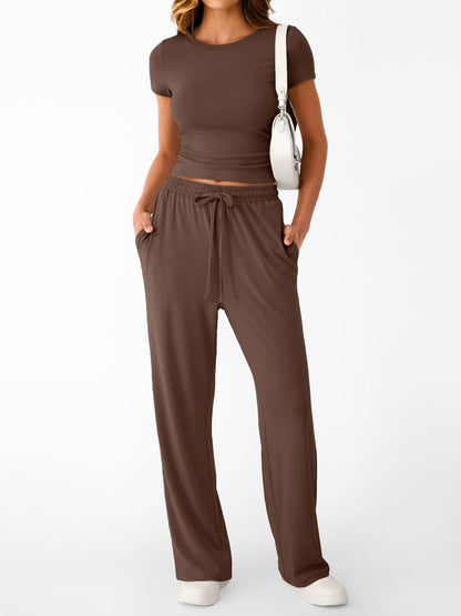 Women's 2 Piece Matching Sweatsuit Wide Leg Pants Crop Top Set