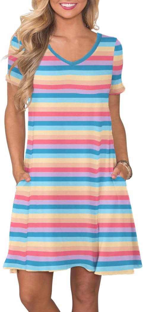Women's Casual T-Shirt Dress Short Sleeve Summer Swing Dress with Pockets XX-Large Light Rainbow Strips