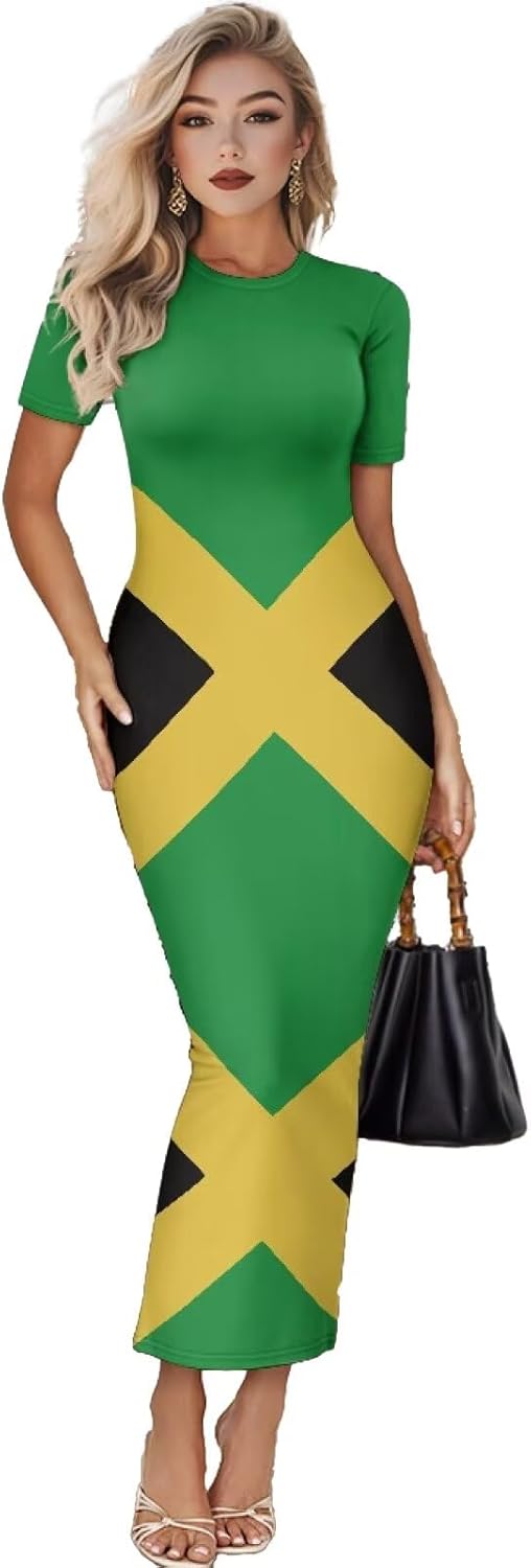 Women's Jamaican Flag Bodycon Midi Dress Short Sleeve Medium Black Green Jamaica