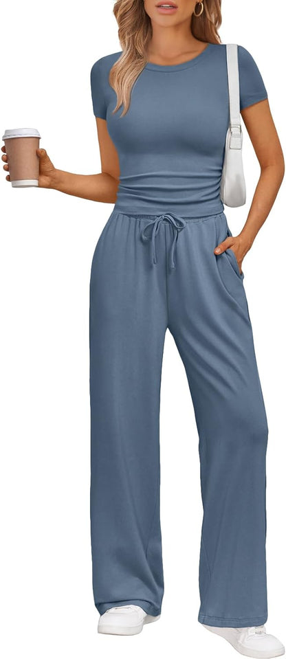Women's 2 Piece Matching Sweatsuit Wide Leg Pants Crop Top Set Dusty Blue