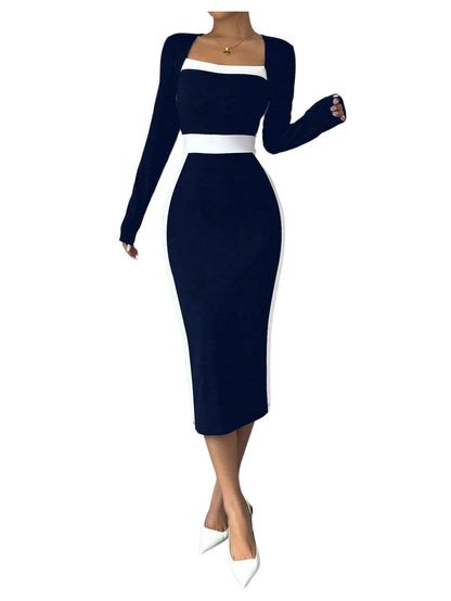 Women Midi Dress - Color Block Square Neck Long Sleeve Bodycon Dress Dark Blue and White