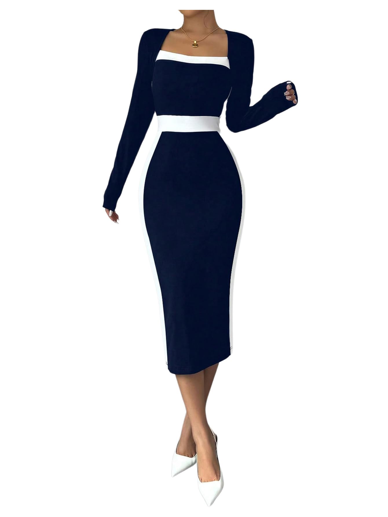 Women Midi Dress - Color Block Square Neck Long Sleeve Bodycon Dress Dark Blue and White