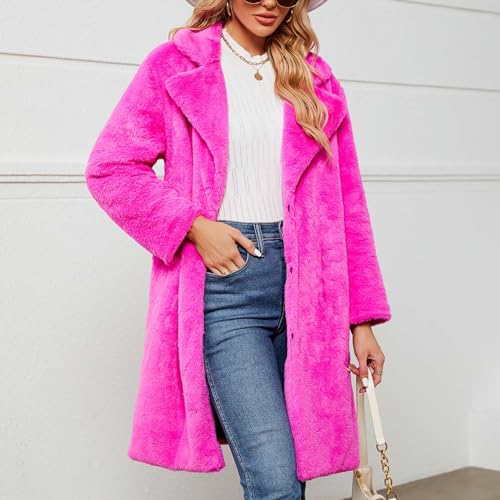 Hot Pink Fur Coat - Womens Faux Fur Long Jacket Open Front Long Sleeve Lapel Cardigans Winter Fashion Fluffy Cozy Overcoat Outerwear