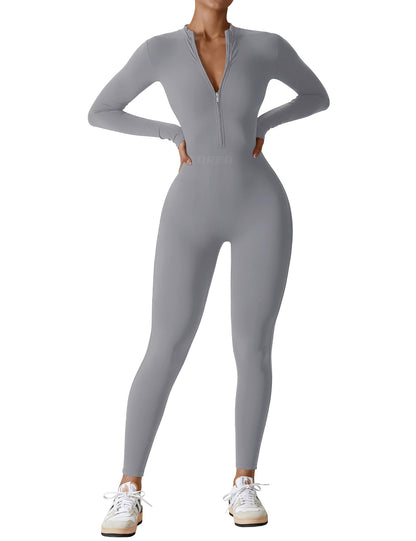 Women's Long Sleeve Workout Jumpsuit - Zip Up Bodycon Romper One Piece Light Grey