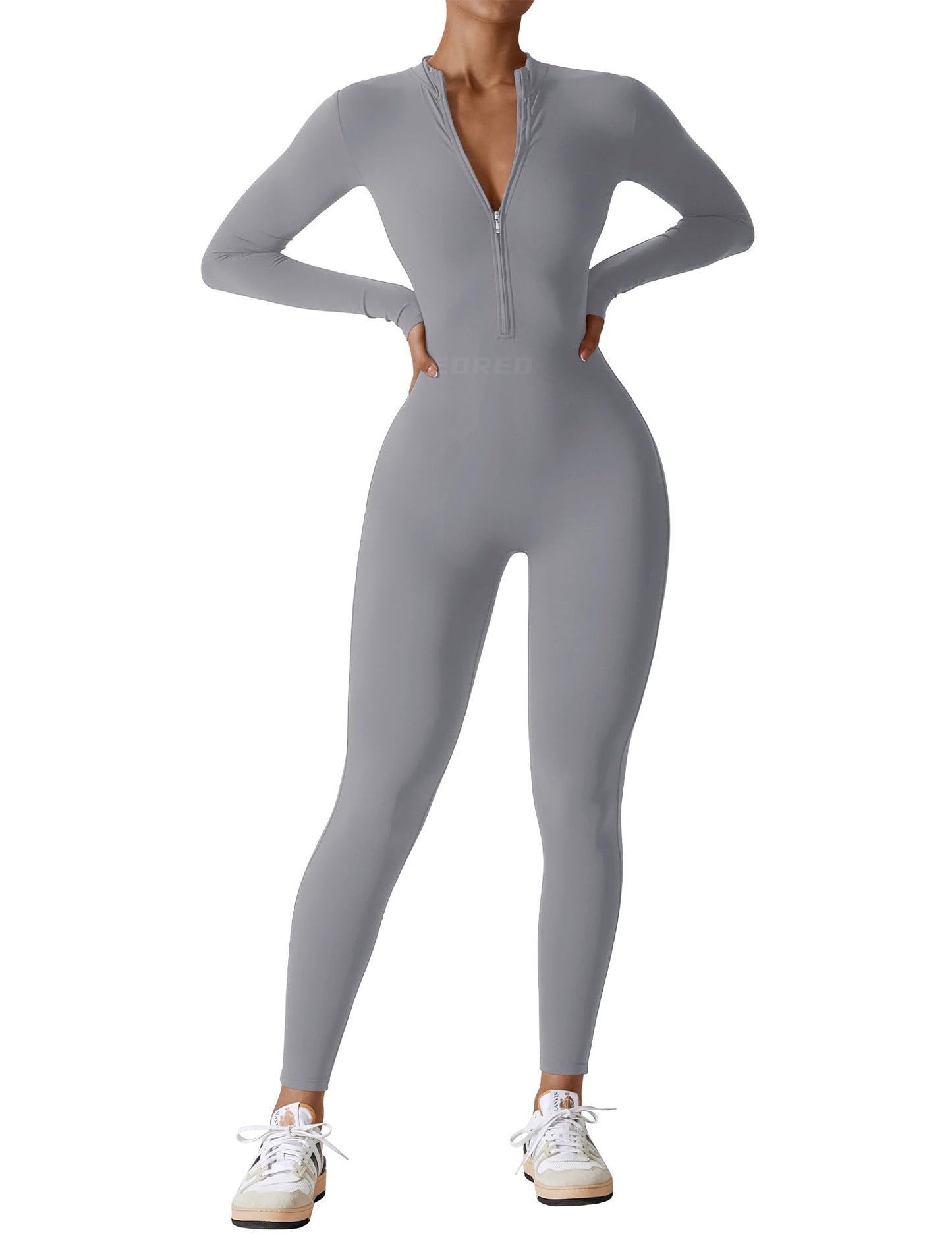 Women's Long Sleeve Workout Jumpsuit - Zip Up Bodycon Romper One Piece Light Grey