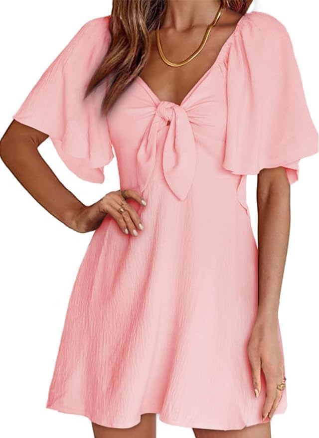 Women's Deep V-Neck Mini Dress with Bow Tie - Elegant Summer Fall Outfit A Pink