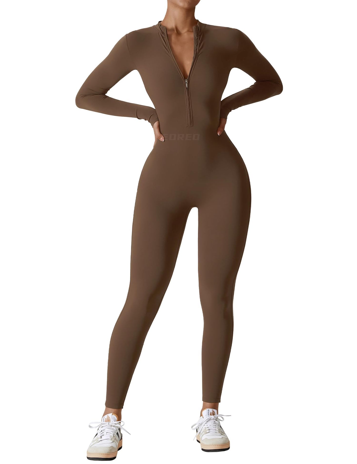 Women's Long Sleeve Workout Jumpsuit - Zip Up Bodycon Romper One Piece Coffee
