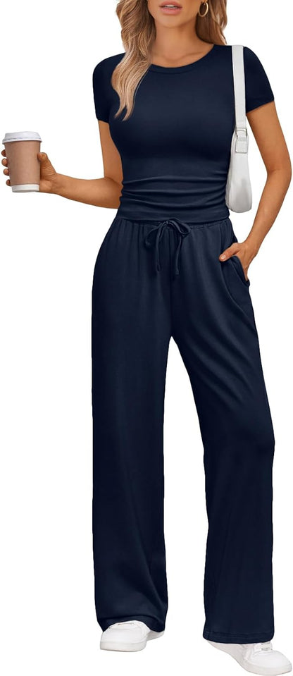 Women's 2 Piece Matching Sweatsuit Wide Leg Pants Crop Top Set Navy