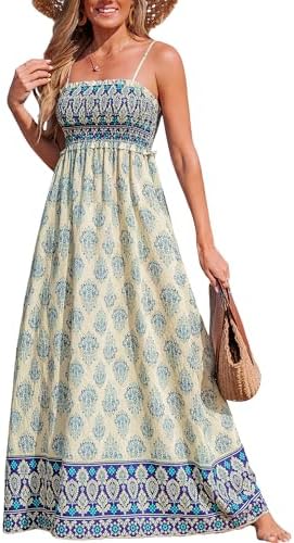 Sundresses - CUPSHE Women's Maxi Dress Ditsy Floral Smocked Summer Sundress Sleeveless Ruffled Spaghetti Straps Long Beach Formal Dress Blue Printed