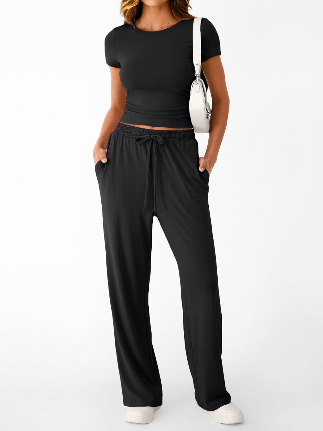 Women's 2 Piece Matching Sweatsuit Wide Leg Pants Crop Top Set