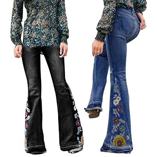 Rfm Jeans - Womens Floral Embroidered Flare Bell Bottom Jeans Stretch Western Bootcut Jeans Long Denim Pants