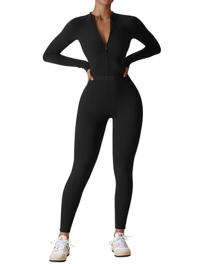 Women's Long Sleeve Workout Jumpsuit - Zip Up Bodycon Romper One Piece
