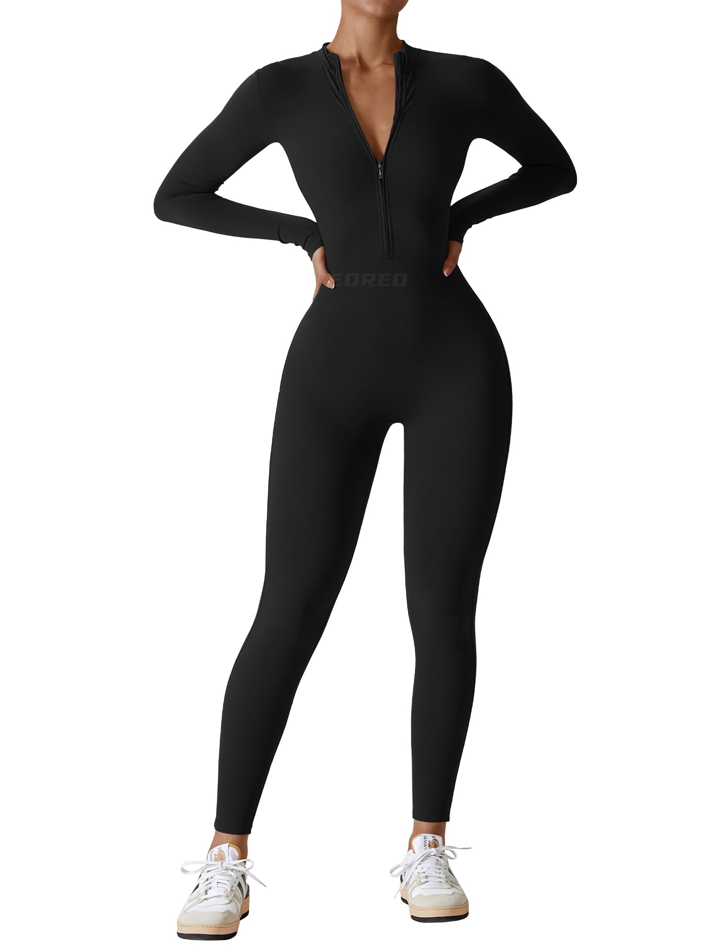 Women's Long Sleeve Workout Jumpsuit - Zip Up Bodycon Romper One Piece