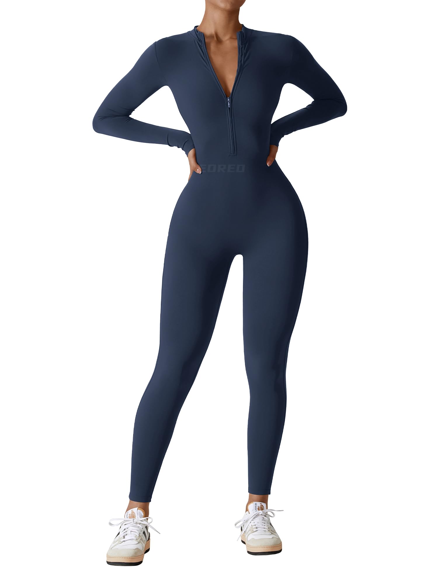 Women's Long Sleeve Workout Jumpsuit - Zip Up Bodycon Romper One Piece