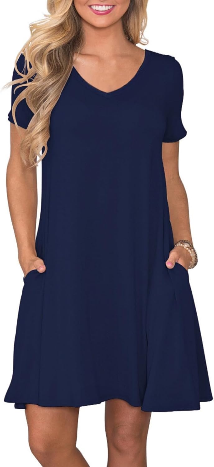 Women's Casual T-Shirt Dress Short Sleeve Summer Swing Dress with Pockets Navy Blue