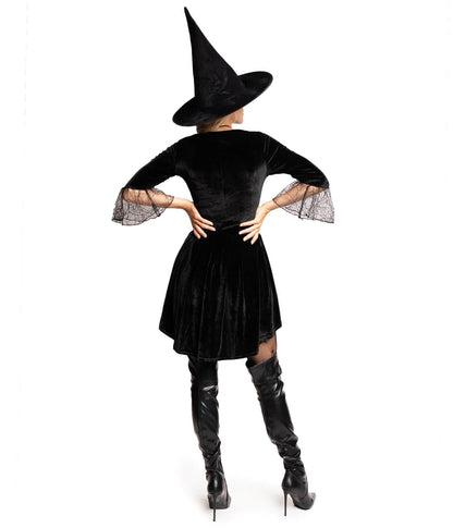 Women's Classic Witch Costume - Black Velour Bodysuit with Hat and Lace Sleeves