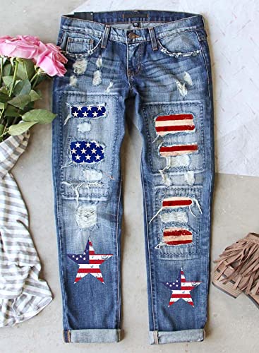 American Flag Pants - Astylish Womens Plaid Patch Ripped Boyfriend Distressed Stretch Skinny Denim Jeans with Hole