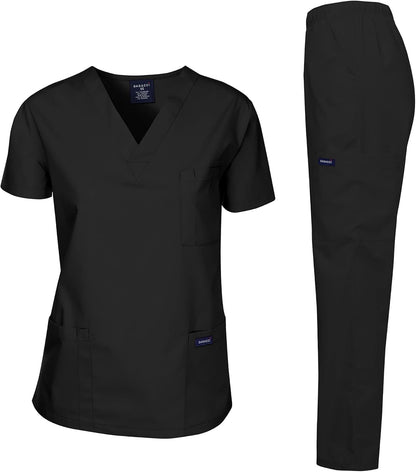 Medical Scrubs Set Unisex - V-Neck Top and Elastic Waist Pants Uniform for Healthcare Workers Black