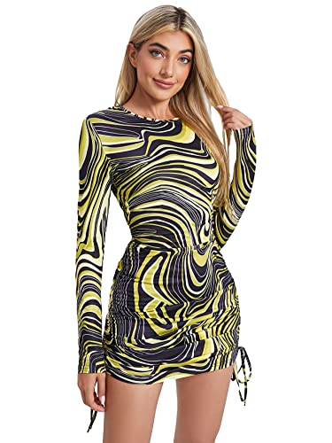Vanya Maxi Dress in Zebra - Women's Printed Drawstring Side Round Neck Marble Long Sleeve Bodycon Mini Dress Yellow