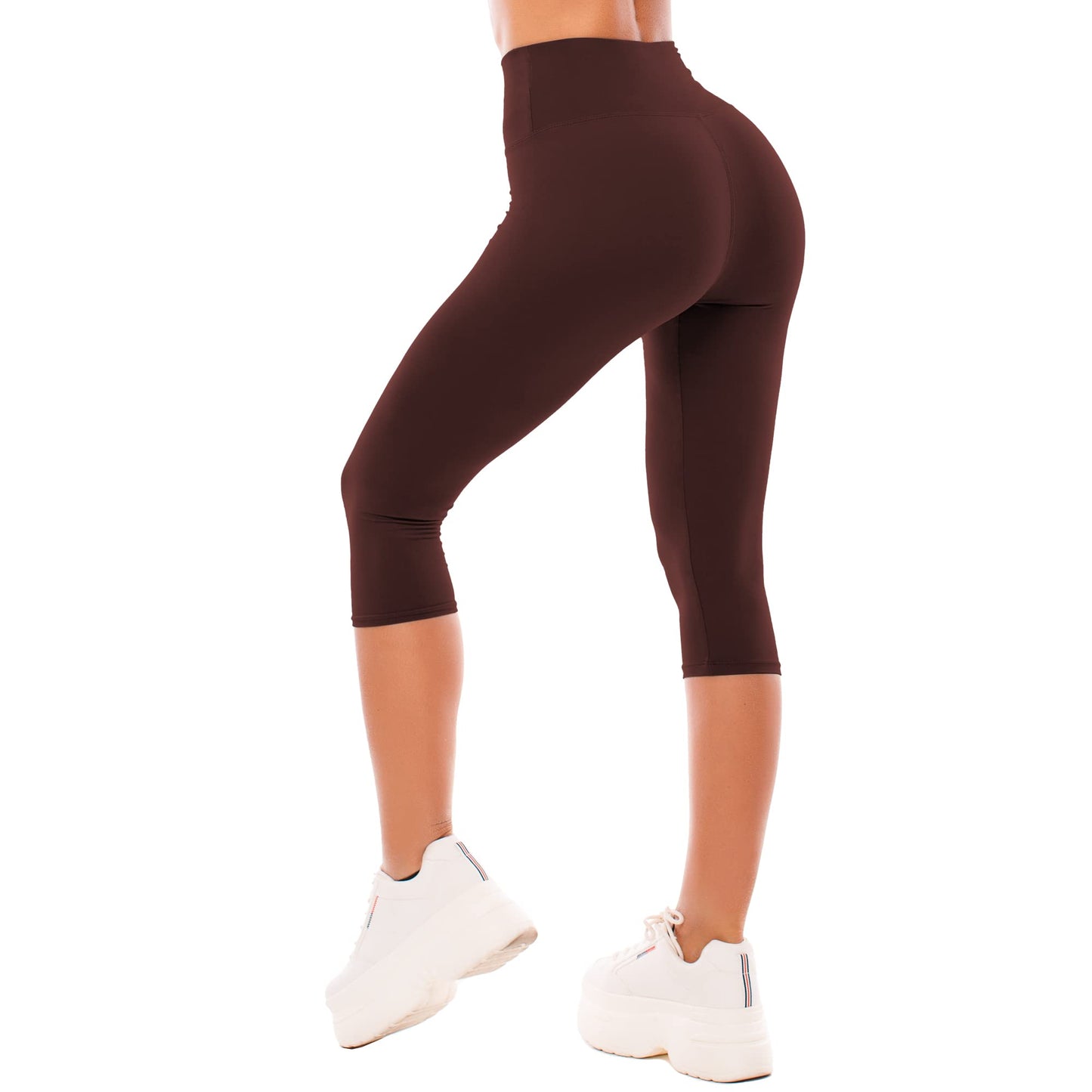 High Waisted Leggings for Women - Buttery Soft Yoga Pants with Tummy Control Capri Small-Medium Brown